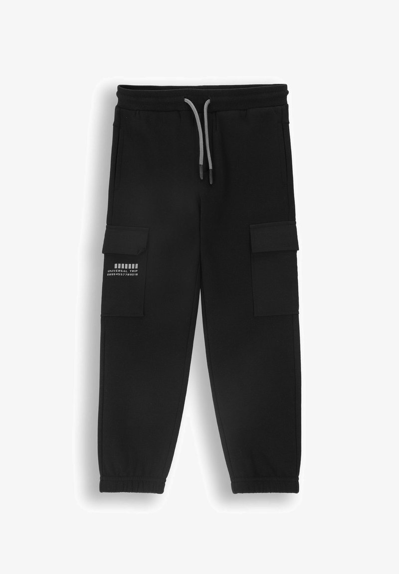 Czarne dresy wykonane z mieszanki bawełny, z dwiema kieszeniami cargo, elastycznym pasem z ściągaczem oraz nadrukowanym tekstem.