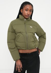Giacca puffer verde oliva con colletto alto, zip frontale e due tasche laterali. Il design presenta un motivo trapuntato e un logo ricamato.
