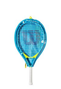 Blaues Tennisschläger mit einem strukturierten weißen Griff, ausgestattet mit gelben Akzenten und einem Muster eines roten "W" auf der Saite. Enthält ein Aufbewahrungsetikett.