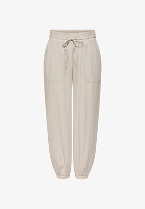 Vaaleanbeiget elastisella vyötäröllä, nyörillä, sivutaskuilla ja elastisilla resoreilla varustetut collegehousut, esitetty valkoisella taustalla.