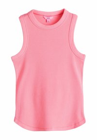 Débardeur rose côtelé sans manches avec un col rond et des épaules structurées, présentant une texture lisse et un ourlet droit.