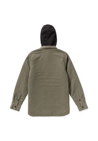 Chemise texturée vert olive à manches longues et capuche noire. Présente des poignets boutonnés et un ourlet droit, mettant en avant un design bicolore.
