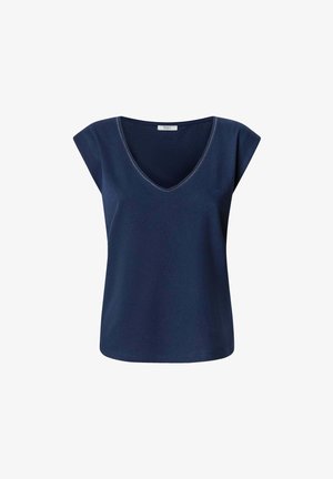 Tumesinine V-kaelusega top lühikeste, õrnade varrukatega. Valmistatud pehmest kangast, millel on õrn õmblus kaeluse ja hem'i ääres.