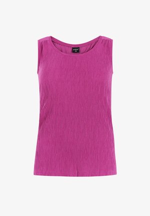 Mouwloze tanktop met geplooide textuur in fel magenta, een ronde halslijn en een maat 36 label aan de binnenkant.