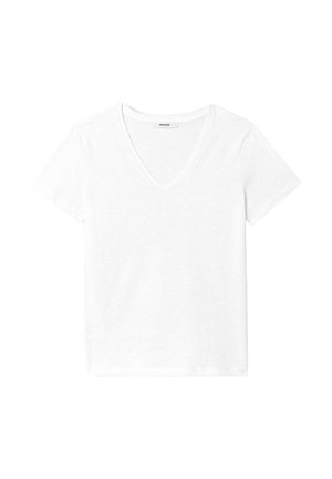 T-shirt blanc à manches courtes avec un design en V, fabriqué en coton léger et doux. Texture lisse, style simple et polyvalent.