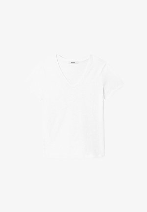 T-shirt blanc à manches courtes avec un design en V, fabriqué en coton léger et doux. Texture lisse, style simple et polyvalent.