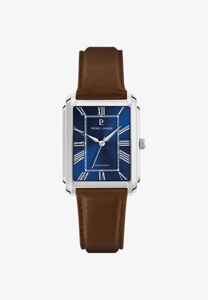 Prostokątny srebrny zegarek z ciemnoniebieską tarczą, białymi rzymskimi cyframi, srebrnymi wskazówkami i brązowym skórzanym paskiem, wskazujący godzinę 10:10:36.