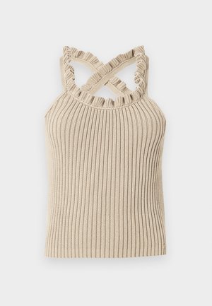 Bézs bordázott ujjatlan felső fodros nyakkivágással és keresztbe szabott pántokkal, testhezálló sziluettel és texturált anyaggal.