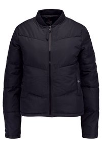 Giacca a vento nera con zip frontale, colletto rotondo e bottoni a pressione. Presenta un motivo trapuntato e un tessuto morbido per il calore.