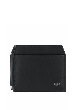 Portefeuille en cuir noir avec clip argenté sur le côté et petit logo argenté dans le coin inférieur droit, présenté à plat sur fond blanc.