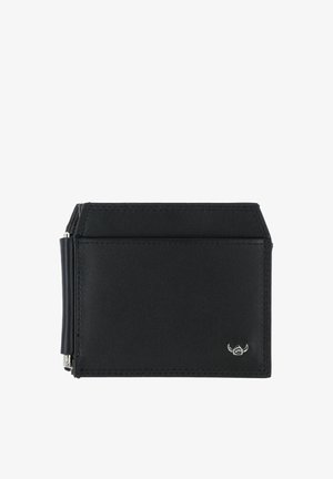 Black leather wallet with silver clip on side and small silver logo in bottom right corner, shown flat against white background.