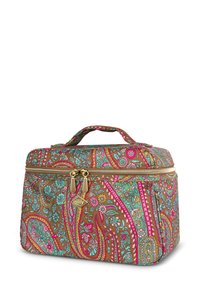 Bruine paisley cosmetica tas met roze en turquoise bloemenpatronen, gouden hardware en een handvat aan de bovenkant. Ritssluiting aan de voorkant.