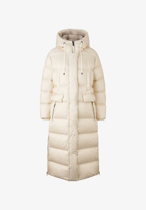 Cremfarbener Puffercoat mit Kapuze, langes, gerades Design, mit Reißverschluß vorne, seitlichen Taschen und dicker, gesteppten Textur.