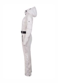 Combinaison isolée blanche avec capuche, ceinture et poches zippées ; texture lisse avec des sections matelassées et un design élégant et ajusté.