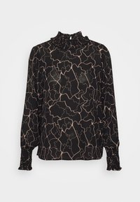 Blusa nera con motivo astratto beige, colletto alto a balze, maniche lunghe con polsini arricciati, texture liscia, vestibilità comoda.