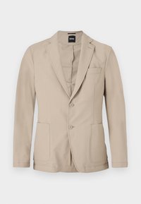 Beige blazer with a single-breasted design, notch lapels, two front pockets, and two buttons. Made from a soft, smooth fabric.