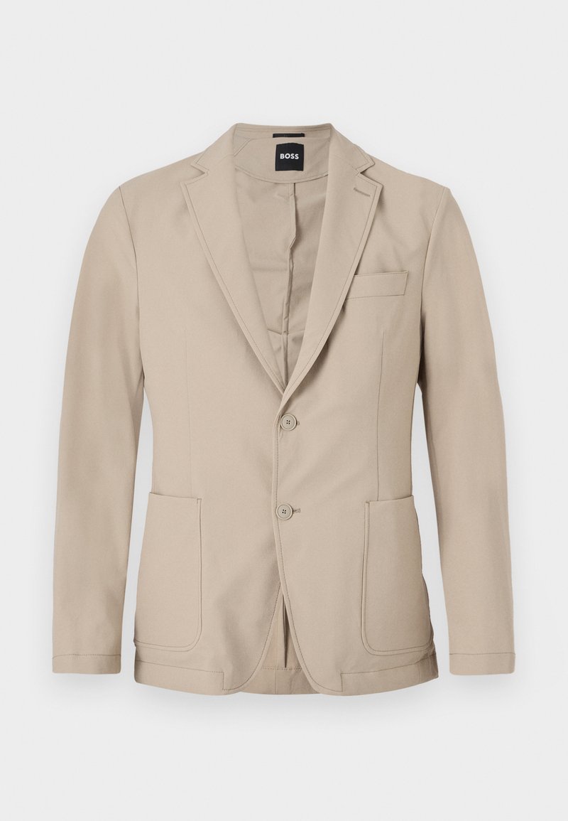 Beige blazer with a single-breasted design, notch lapels, two front pockets, and two buttons. Made from a soft, smooth fabric.