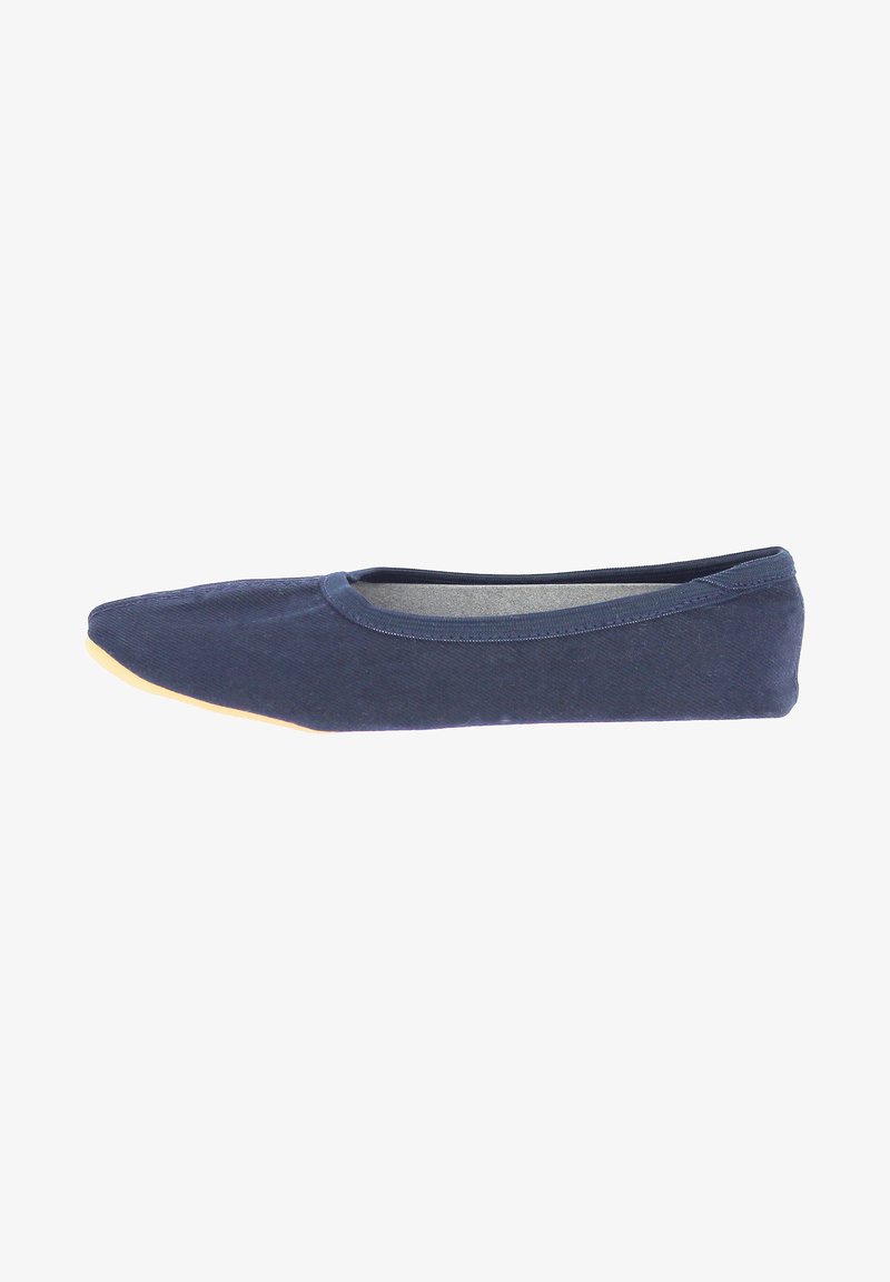 Ballerines en tissu bleu marine avec un bout pointu, design sans coutures et semelle en caoutchouc marron clair. Texture douce sans embellissements supplémentaires.