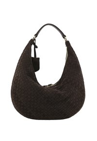 Donkerbruin leren hobo tas met geweven textuur en een enkele handvat bovenaan, met een ritssluiting en een klein bevestigd zakje.