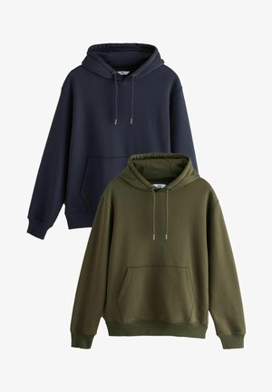 Two hooded sweatshirts: one navy blue and one olive green. Both have a front pocket, drawstring hoods, and a soft, textured fabric.