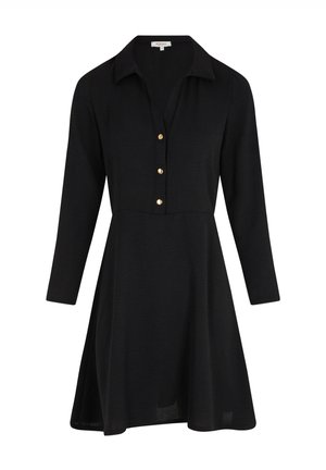 Black dress with a collared neckline, long sleeves, and five gold buttons down the front. A-line silhouette with a textured fabric.
