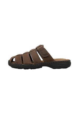 Sandalia para hombre de cuero marrón con puntera abierta, correa ajustable y suela acolchada negra, diseñada para uso casual.