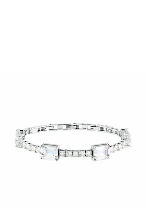 Bracciale in argento con pietre preziose trasparenti grandi rettangolari alternate a pietre quadrate piccole, inserito in un design a catena.