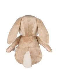 Beige plush bunny toy with long ears, a fluffy rear, and pink accents on paws. Soft fur with a textured finish. Tag visible on left side.
