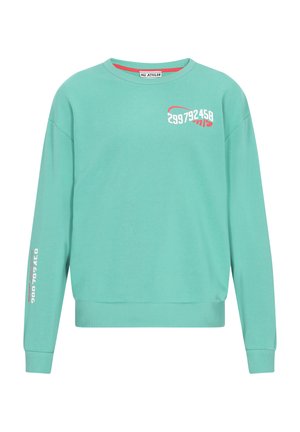 Mintgrüner Sweatshirt mit langen Ärmeln, rundem Halsausschnitt, gerippten Bündchen und Saum. Mit bedruckten Zahlen und Text auf der Vorder- und Rückseite.