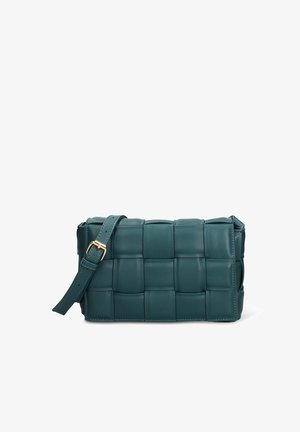 Teal padded leather bag with a woven design, featuring a detachable strap and gold hardware. Smooth texture with square accents.