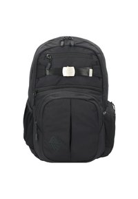 Mochila negra con múltiples compartimentos con cremallera, correas ajustables, un acabado texturizado y un acento de logo. Incluye bolsillos laterales de malla.