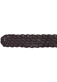 Cinturón de cuero trenzado marrón oscuro con un diseño plano y patrón entrelazado, que presenta una textura suave y sin herrajes o acentos visibles.