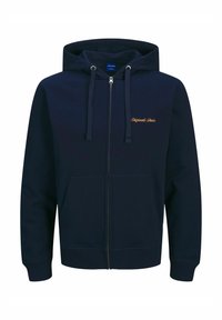 Marineblauwe rits-hoodie van een katoenmix, met een voorzak, een verstelbare capuchon en geborduurde tekst in oranje op de borst.