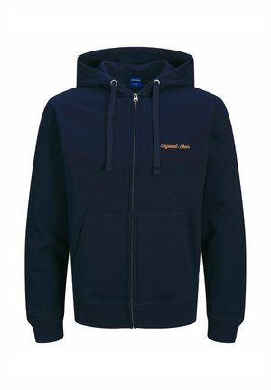 Mörkblå zip-up hoodie i bomullsblandning, med en framficka, dragsko i huvan och broderad text i orange på bröstet.