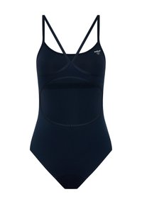 Marineblauer Badeanzug mit einem eleganten Design, der über überkreuzte Träger und eine glatte Textur verfügt. Akzente setzen kontrastierende Paneldetails.