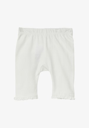 Weiße Baumwollleggings mit elastischem Bund und gerafften Säumen. Glatte Textur, figurbetontes Design und keine sichtbaren Muster oder Akzente.