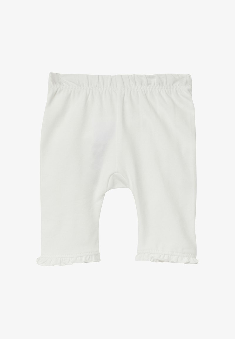 Leggings bianchi in cotone con vita elastica e orli arricciati. Texture liscia, design aderente e senza motivi o dettagli visibili.