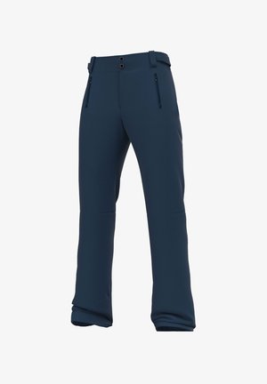 Marineblaue Skihosen aus strukturiertem Stoff mit zwei Reißverschlusstaschen, einem Knopfverschluss und einem entspannten Schnitt mit ausgestellten Beinen.