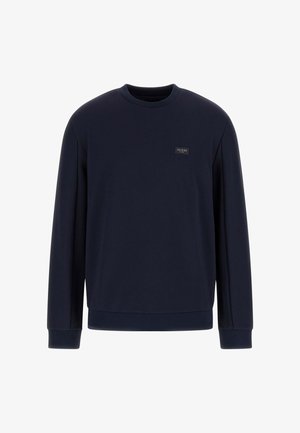 Hanorac bleumarin cu mâneci lungi, decolteu rotund și o mică patch logo pe piept. Fabricat dintr-un material moale, cu textură.