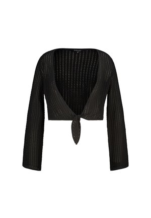 Zwarte cropped cardigan met een diepe V-hals en lange mouwen, voorzien van een striksluiting aan de voorkant. Lichtgewicht, gebreide textuur.