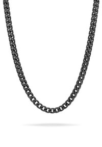 Zwartmetalen ketting met interlockende schakels, een gladde textuur en een glanzende afwerking, hangend tegen een witte achtergrond.