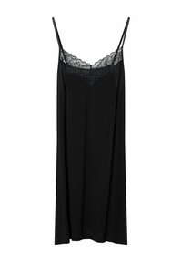 Czarny top na ramiączkach z koronkowym wykończeniem przy dekolcie. Cienkie, regulowane ramiączka, miękka tkanina i luźny krój, sięgający do połowy uda.