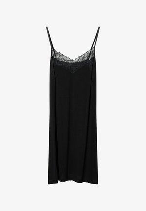 Black camisole with lace trim at the neckline. Thin adjustable straps, soft fabric, and a loose fit, falling to mid-thigh.
