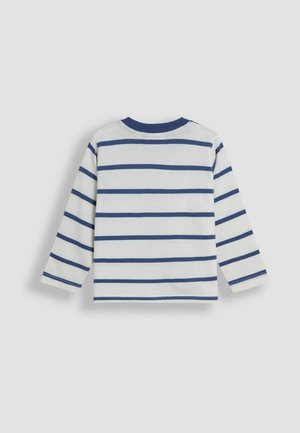 Long-sleeve shirt in white cotton with navy horizontal stripes, crew neckline, and soft texture. Simple design without embellishments.