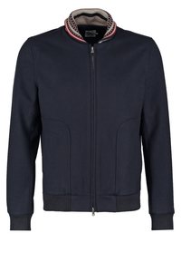 Veste bomber bleu marine à fermeture éclair, avec poignets et ourlet côtelés, dotée d'un col en tricot rayé multicolore.