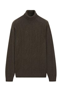 Maglione dolcevita marrone scuro realizzato in materiale lavorato a maglia strutturato con motivo a trecce, maniche lunghe e polsini e orlo a coste.
