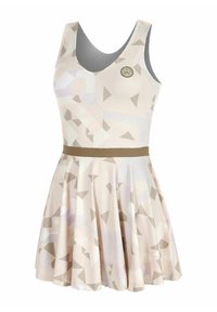 Beige jurk met een geometrisch patroon in lichte tinten. Mouwloos ontwerp met een aansluitende bodice en een uitlopende rok, geaccentueerd met een bruine riem.