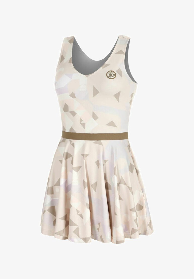 Beige jurk met een geometrisch patroon in lichte tinten. Mouwloos ontwerp met een aansluitende bodice en een uitlopende rok, geaccentueerd met een bruine riem.