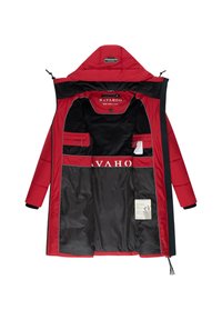 Red padded jacket featuring a black interior, multiple interior pockets, and a drawstring hem. Label reads "NAVAHOO." Hooded design.