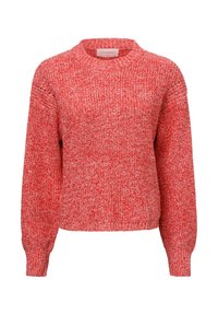 Pull en tricot rouge avec un col rond, des manches longues et une finition texturée. Il présente une coupe ample et des bords-côtes aux poignets et à l'ourlet.